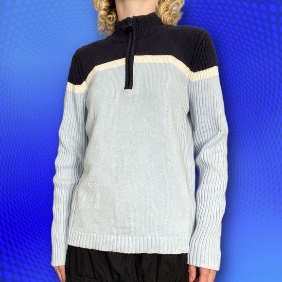 Vintage quarter zip pullover striped knit sweater in blue & white, size M - Picture 1 of 7